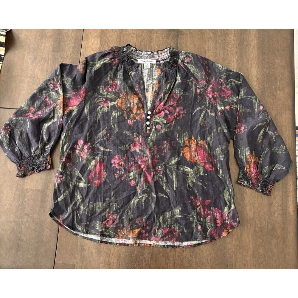 Tommy Bahama Orchid Isle Womens Tropical Linen Blend Smocked Neck Blouse Large